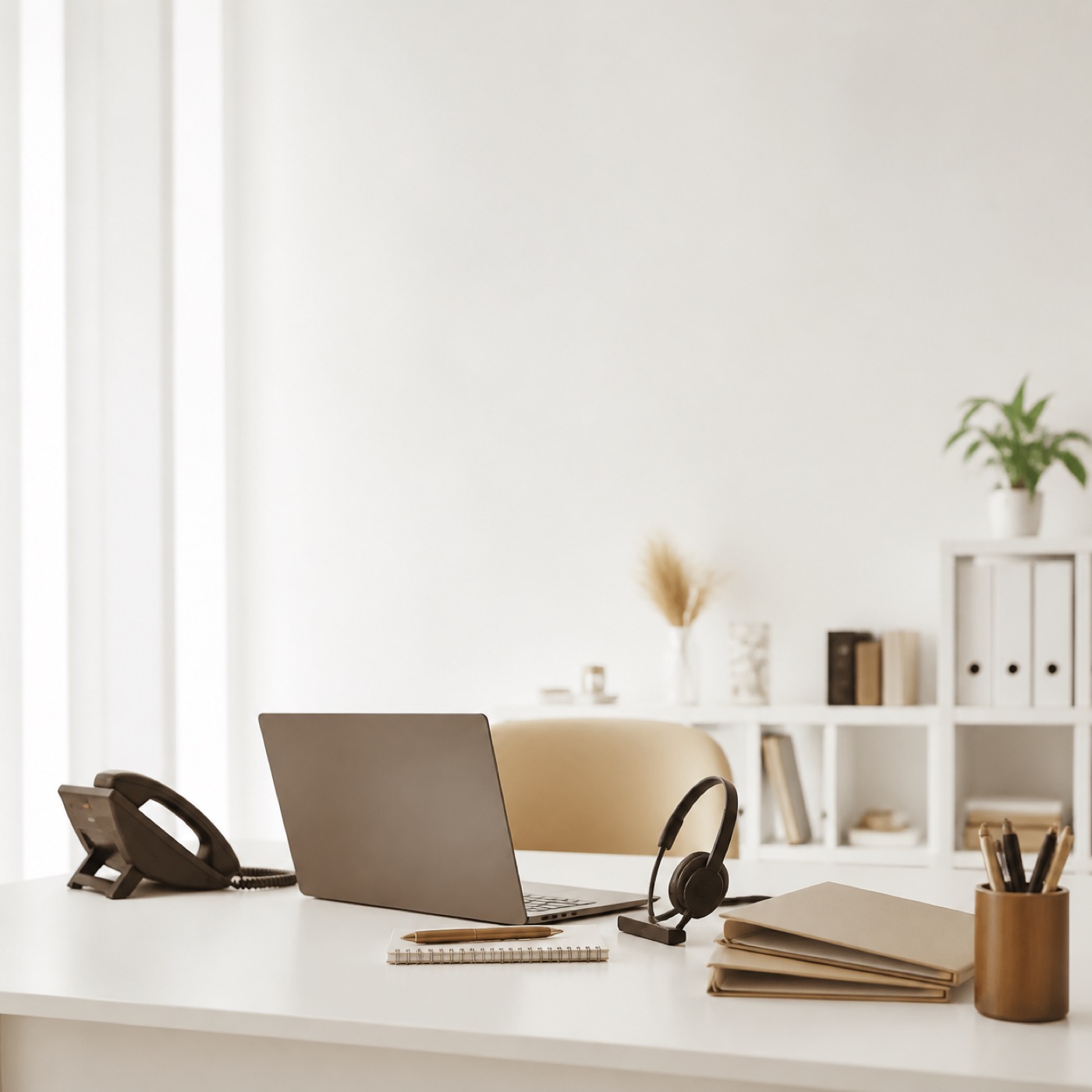 Bureau de secrétariat lumineux avec téléphone et casque