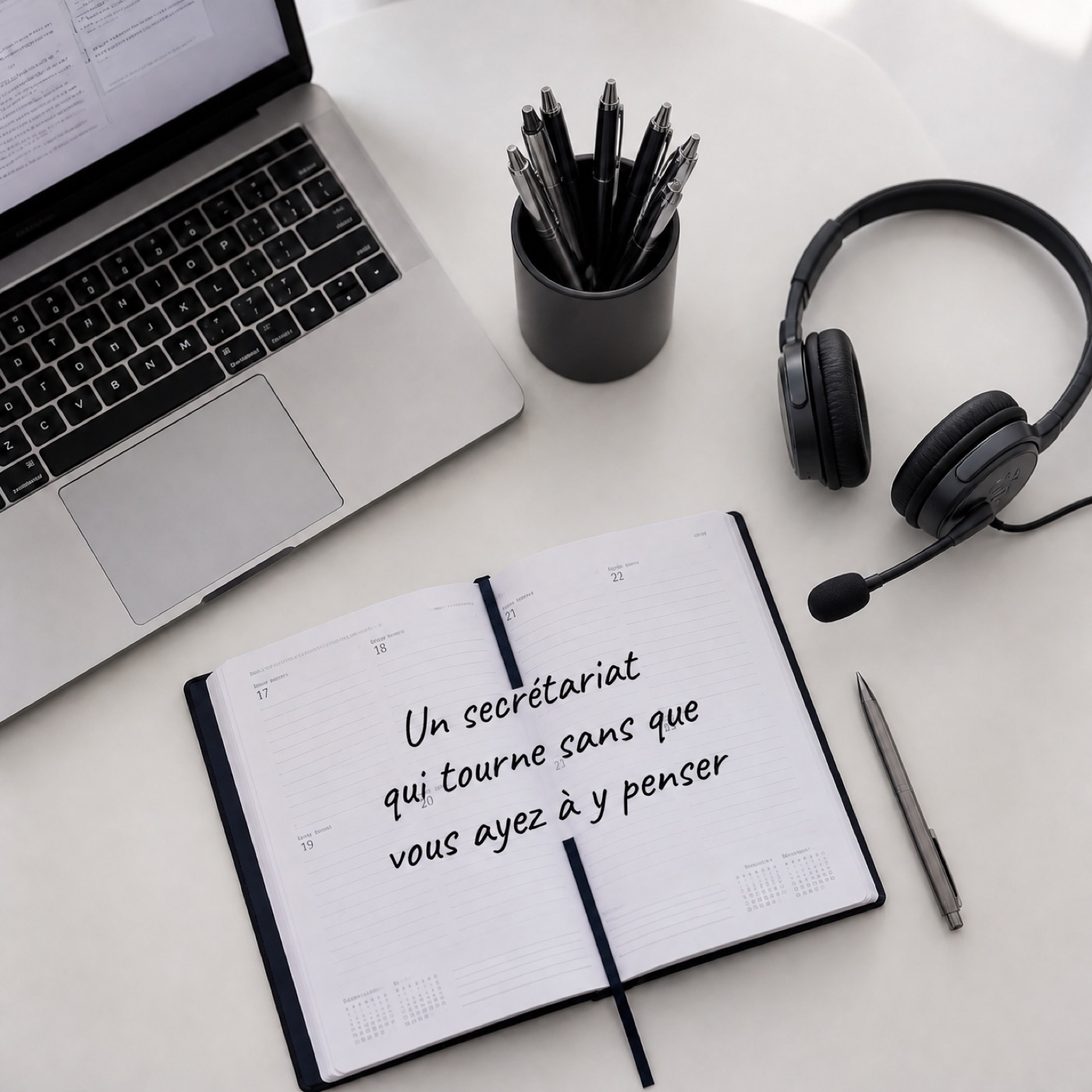 Bureau avec ordinateur, casque et agenda : un secrétariat qui tourne sans que vous ayez à y penser