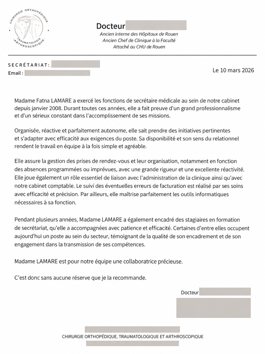 Lettre de recommandation anonymisée d’un chirurgien orthopédiste pour Fatna Lamare