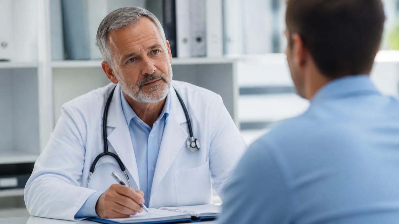 Médecin en consultation prenant des notes